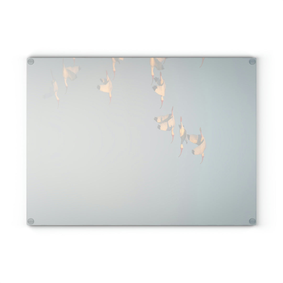 White Ibis in Flight - Glass Cutting Board - Visiting This World