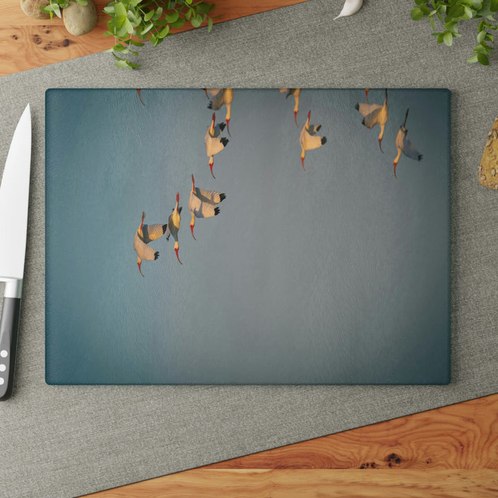 White Ibis in Flight - Glass Cutting Board - Visiting This World